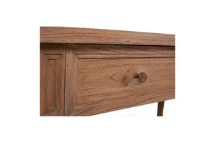 Whitsunday Wide Console Table in natural mahogany with two drawers and rattan shelf, coastal style furniture with storage. Drawer detail.