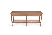 Load image into Gallery viewer, Whitsunday Wide Console Table in natural mahogany with two drawers and rattan shelf, coastal style furniture with storage. Front top perspective.