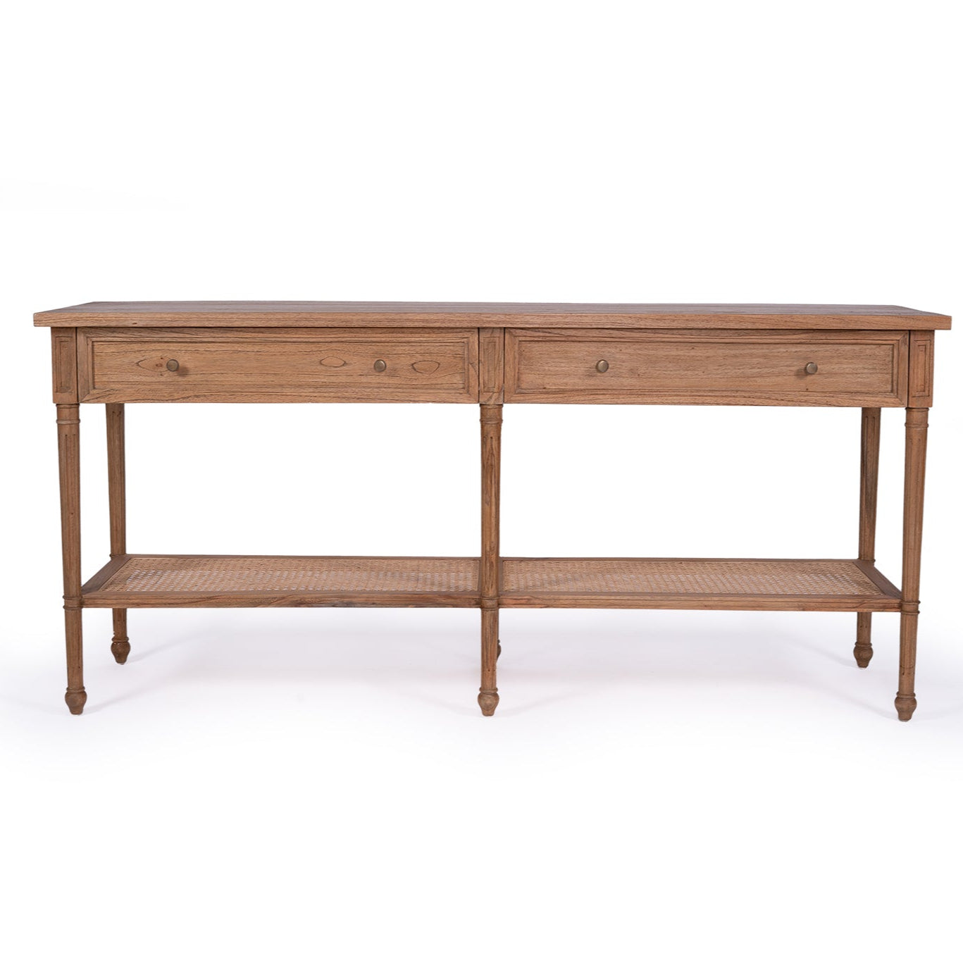 Whitsunday Wide Console Table in natural mahogany with two drawers and rattan shelf, coastal style furniture with storage.