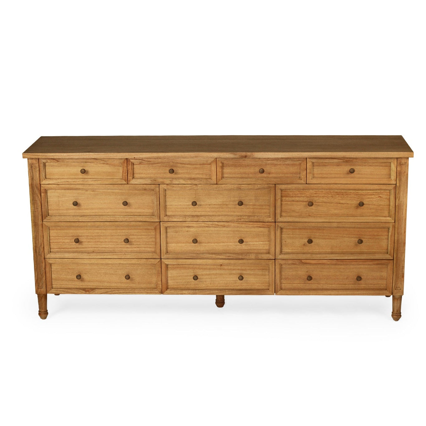 Whitsunday 13 drawer dresser in weathered oak finish made from solid white cedar, front view with top showing