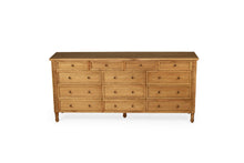 Load image into Gallery viewer, Whitsunday 13 Drawer Dresser in weathered oak, solid white cedar timber bedroom furniture with coastal style. Front perspective with top showing.