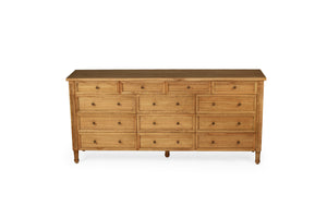 Whitsunday 13 Drawer Dresser in weathered oak, solid white cedar timber bedroom furniture with coastal style. Front perspective with top showing.