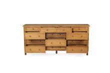 Load image into Gallery viewer, Whitsunday 13 Drawer Dresser in weathered oak, solid white cedar timber bedroom furniture with coastal style. Drawers open.