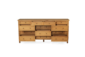 Whitsunday 13 Drawer Dresser in weathered oak, solid white cedar timber bedroom furniture with coastal style. Drawers open.