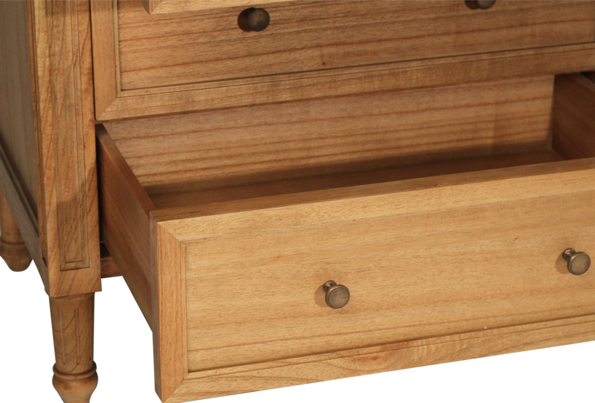 Whitsunday 13 Drawer Dresser in weathered oak, solid white cedar timber bedroom furniture with coastal style. Drawers close up at bottom.