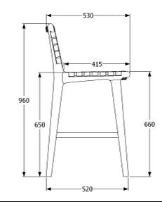 Technical drawing of a chair with dimensions labeled