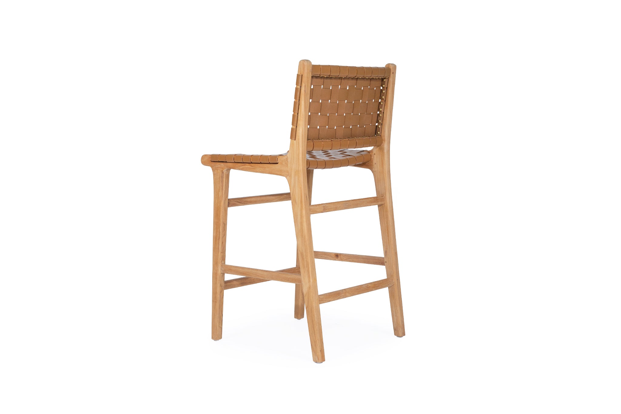 Tan woven leather high back counter stool with sleek modern design, durable and comfortable seating. Back angle perspective. Magnolia Lane