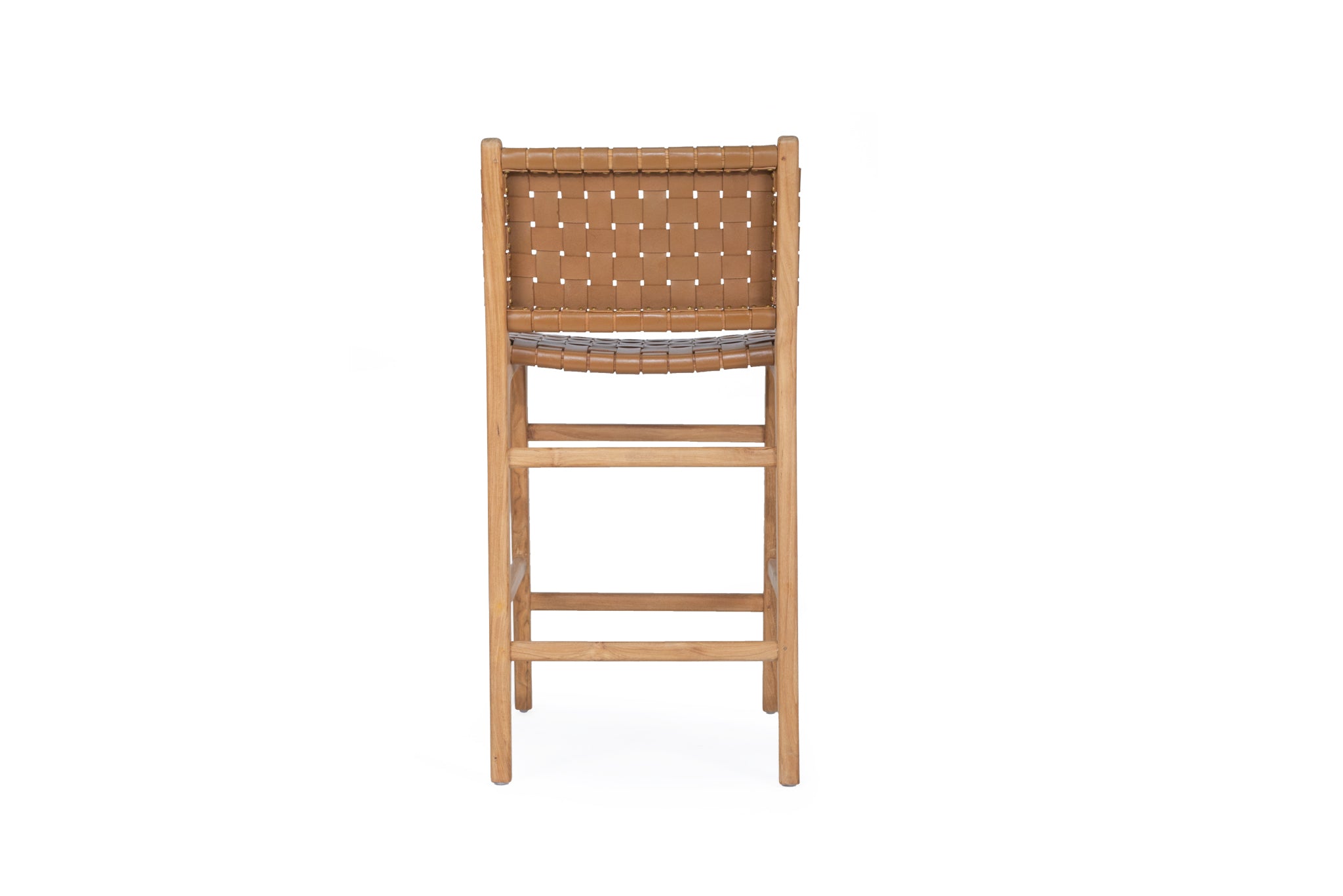 Tan woven leather high back counter stool with sleek modern design, durable and comfortable seating. Back perspective. Magnolia Lane