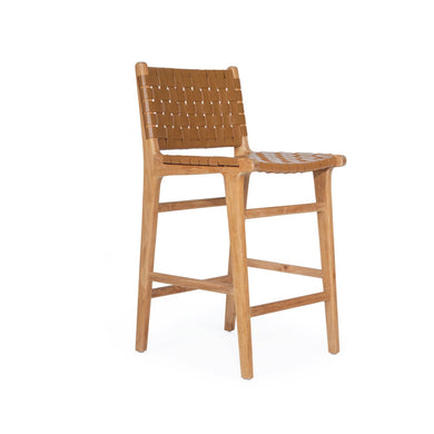 Woven tan leather counter stool with teak frame, Magnolia Lane