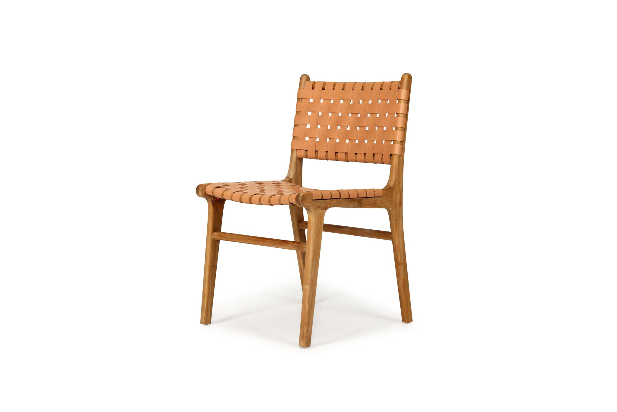 Dining chair with natural woven leather straps and sleek modern design, crafted for style and comfort. Front angle perspective. Magnolia Lane