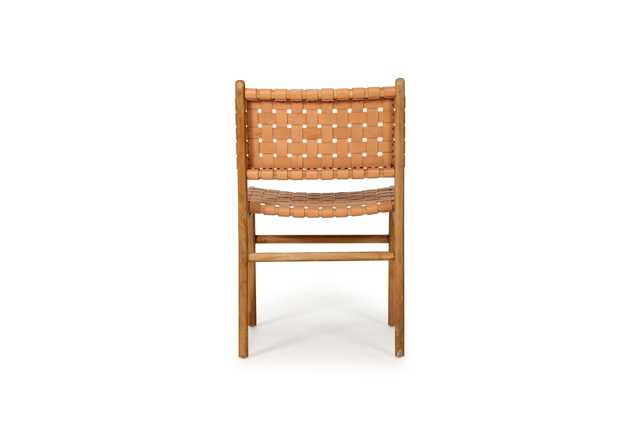 Dining chair with natural woven leather straps and sleek modern design, crafted for style and comfort. Back perspective. Magnolia Lane