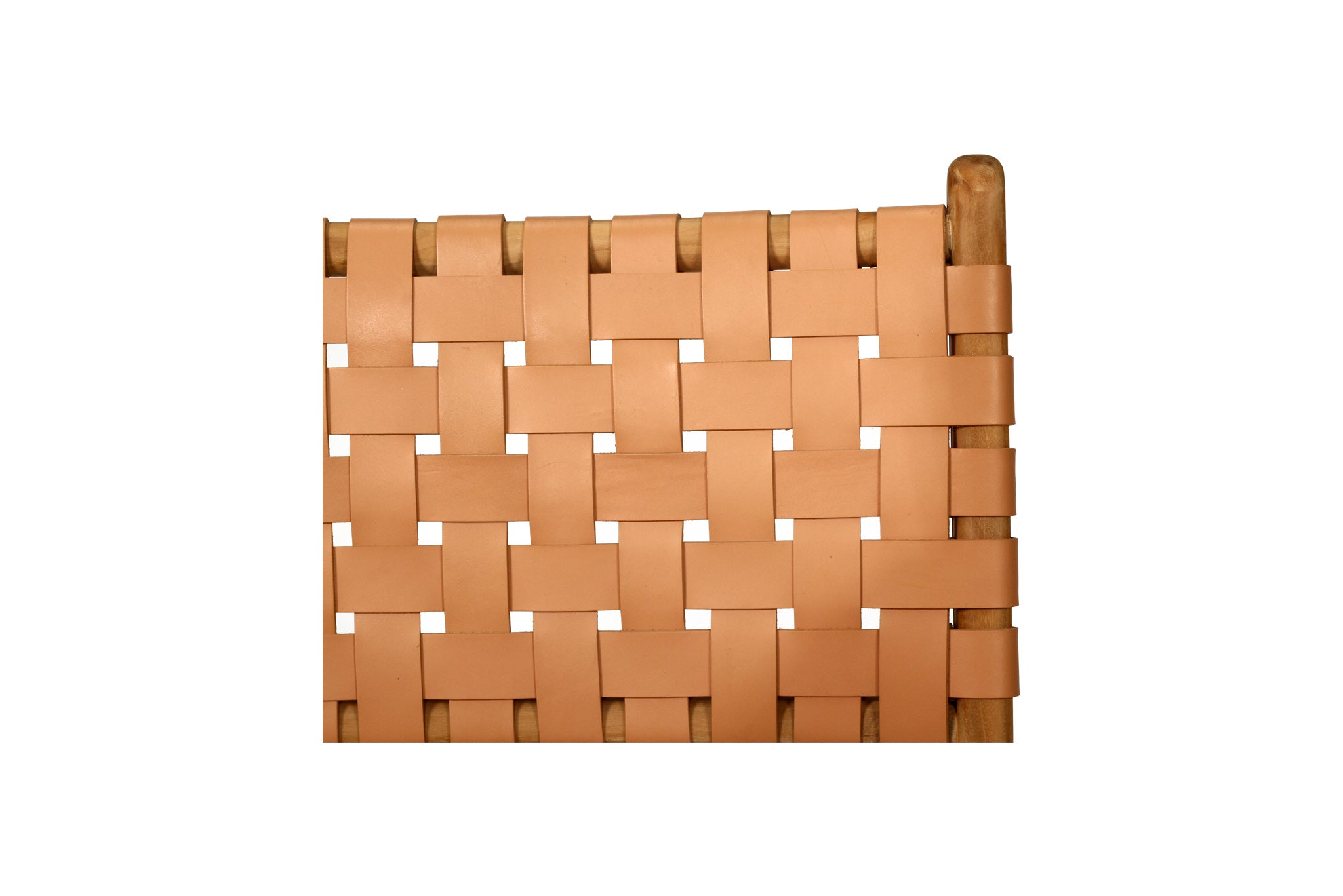 Dining chair with natural woven leather straps and sleek modern design, crafted for style and comfort. Backrest perspective. Magnolia Lane