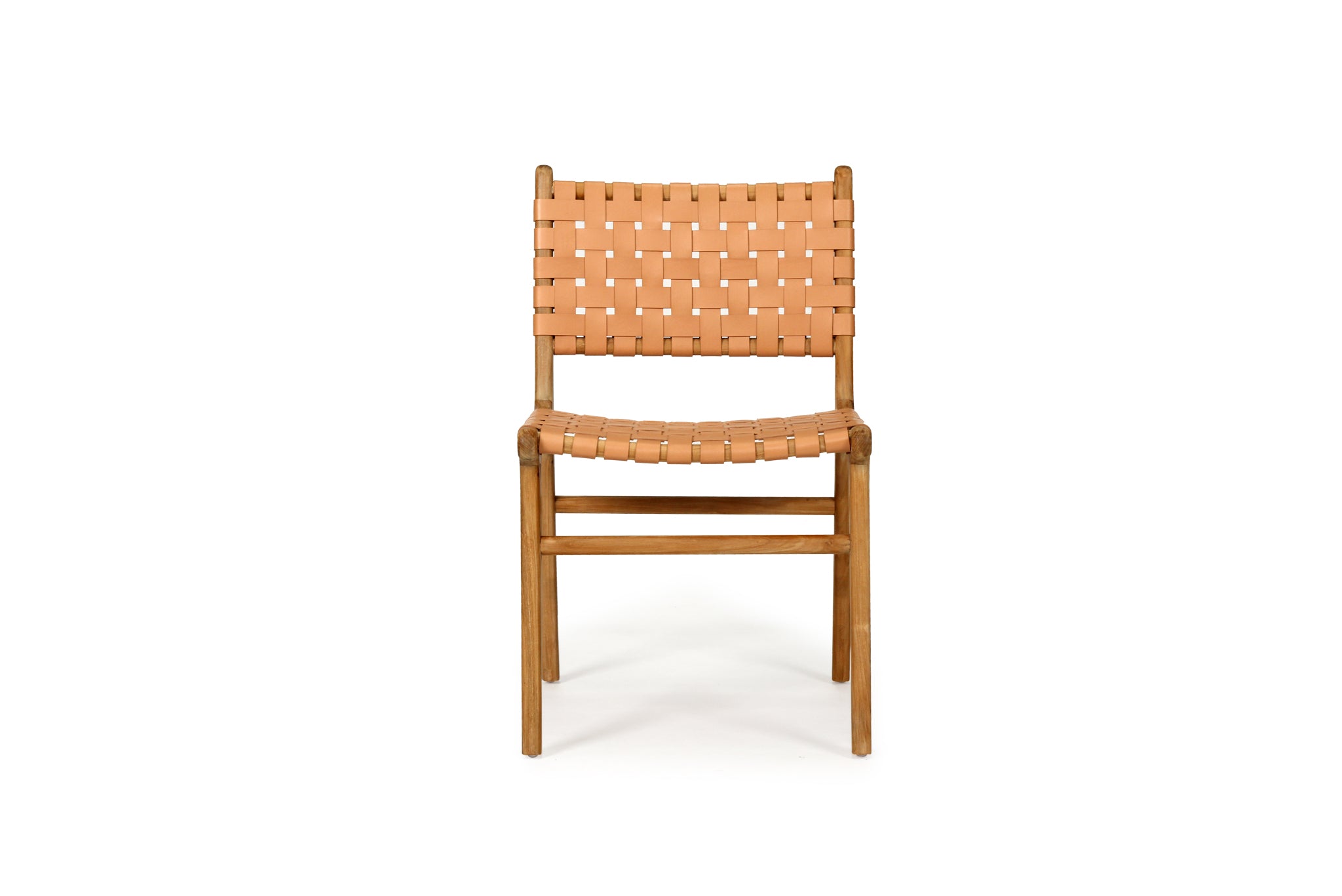 Dining chair with natural woven leather straps and sleek modern design, crafted for style and comfort. Front perspective. Magnolia Lane