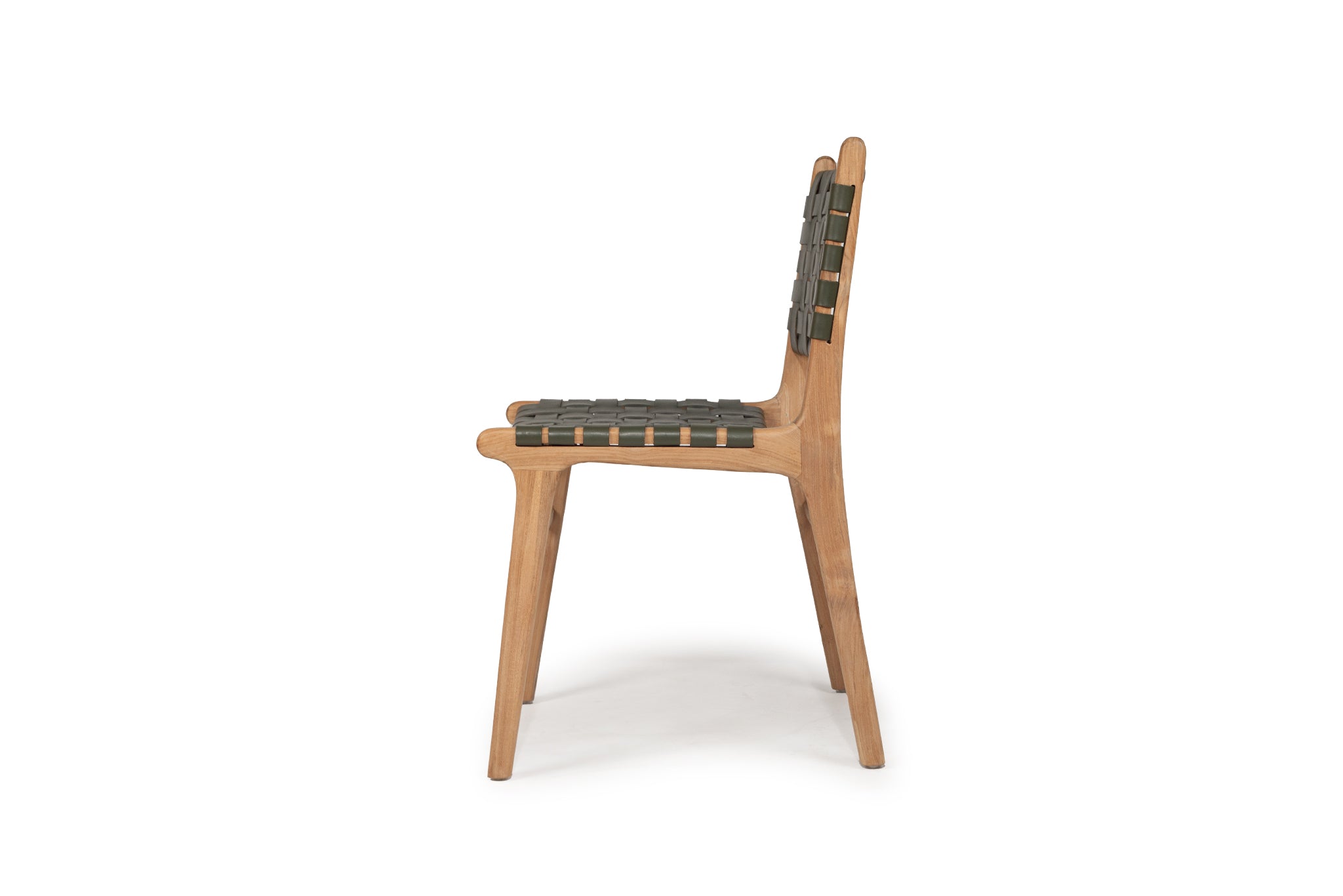 Dining chair with woven leather straps in Olive green and sleek modern design, crafted for style and comfort. Side perspective. Magnolia Lane