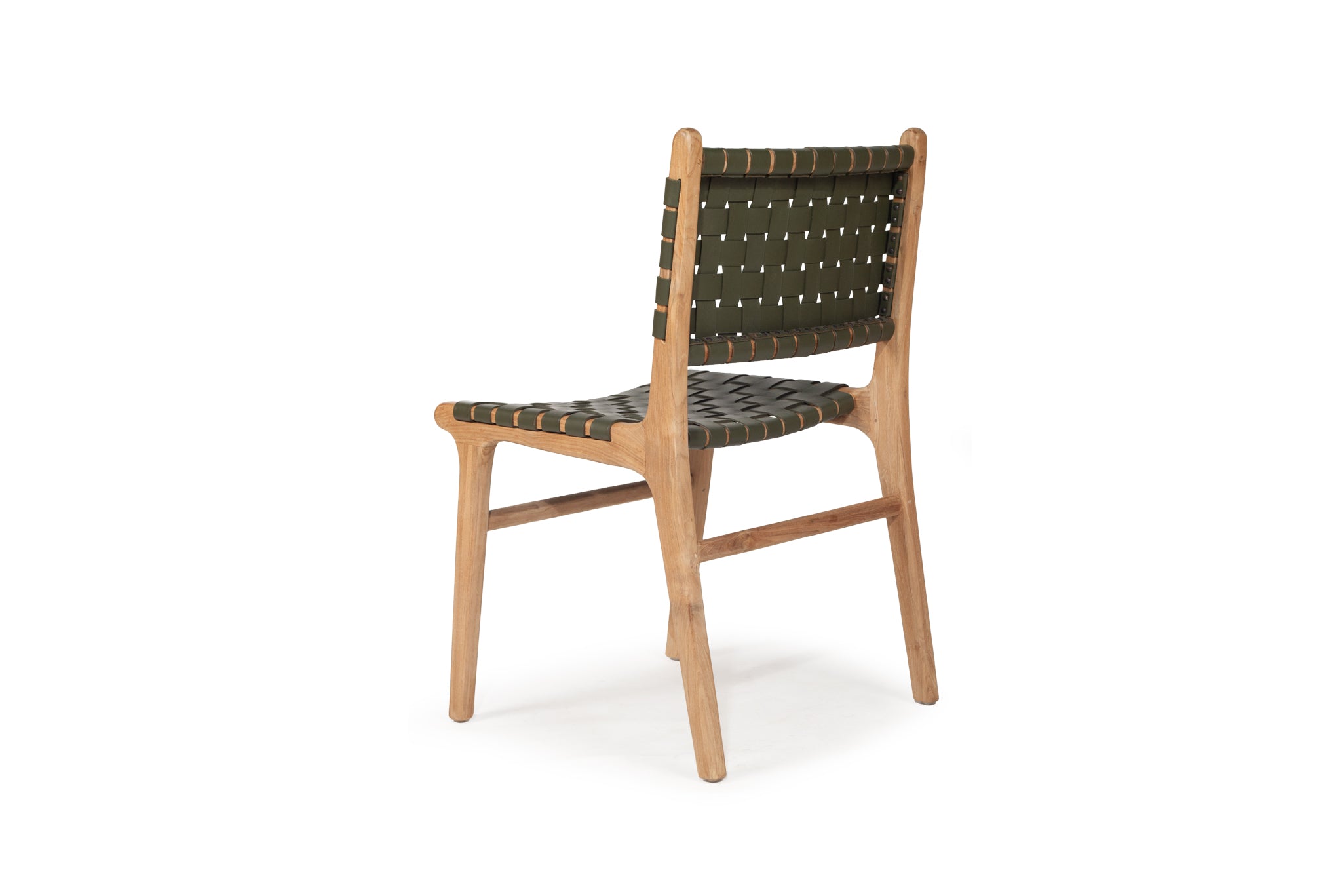 Dining chair with woven leather straps in Olive green and sleek modern design, crafted for style and comfort. Back angle perspective. Magnolia Lane