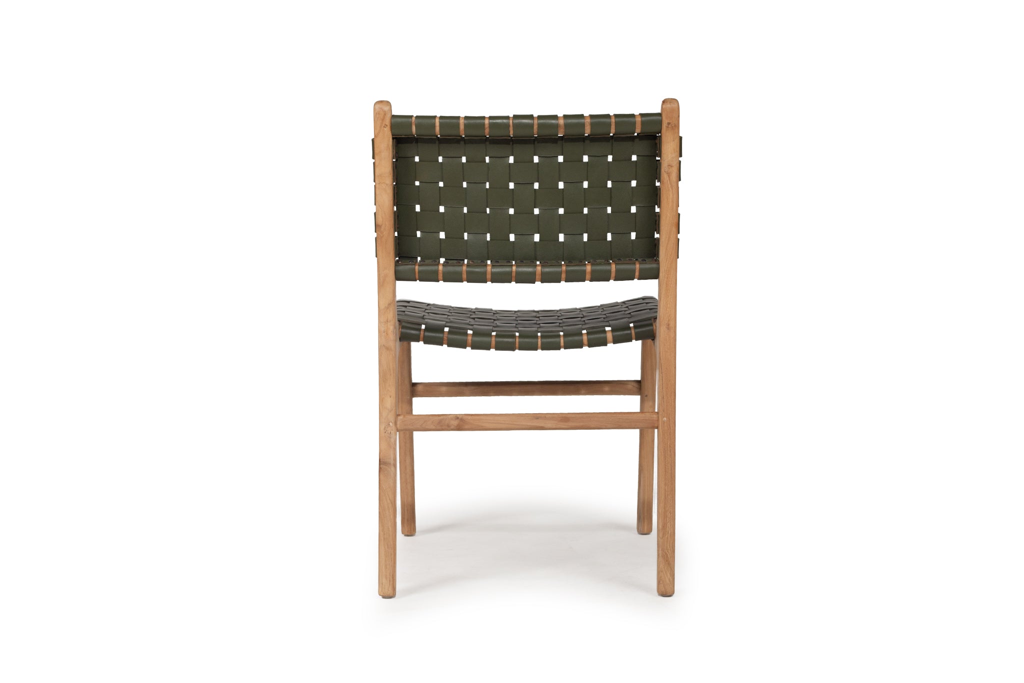 Dining chair with woven leather straps in Olive green and sleek modern design, crafted for style and comfort. Back angle perspective. Magnolia Lane