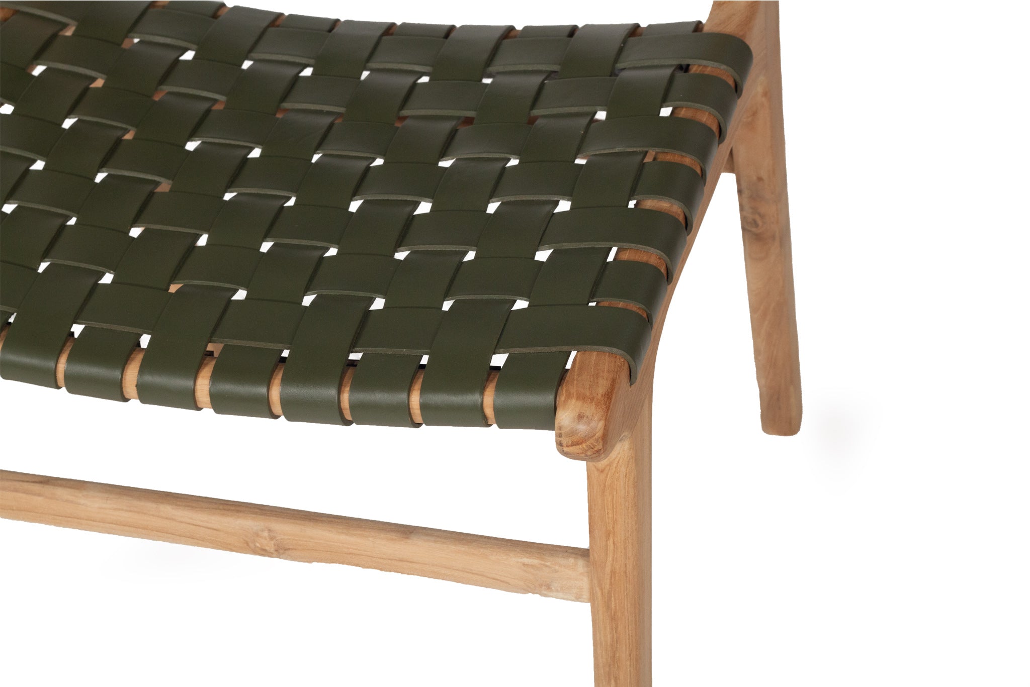 Dining chair with woven leather straps in Olive green and sleek modern design, crafted for style and comfort. Seat perspective. Magnolia Lane