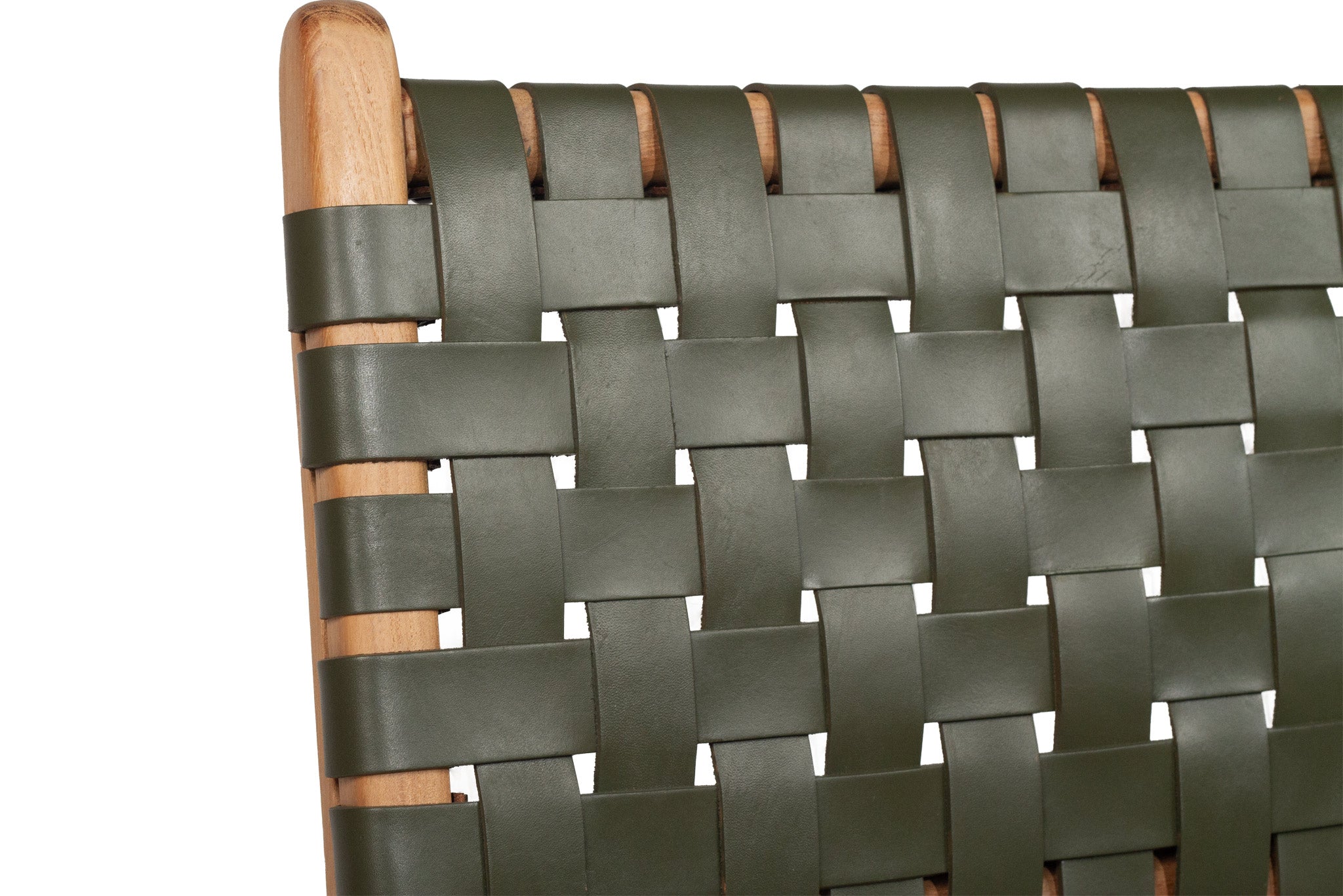 Dining chair with woven leather straps in Olive green and sleek modern design, crafted for style and comfort. Backrest perspective. Magnolia Lane