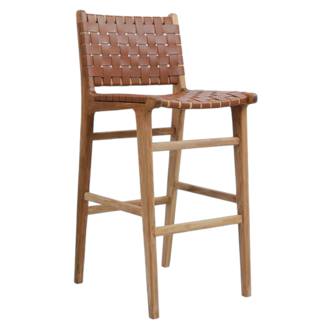 Woven Leather high back bar stool in tan, Magnolia Lane