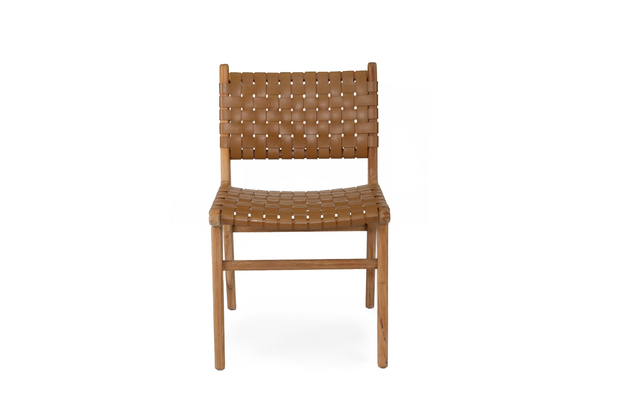 Dining chair with woven leather straps and sleek modern design, crafted for style and comfort. Front tilt perspective. Magnolia Lane