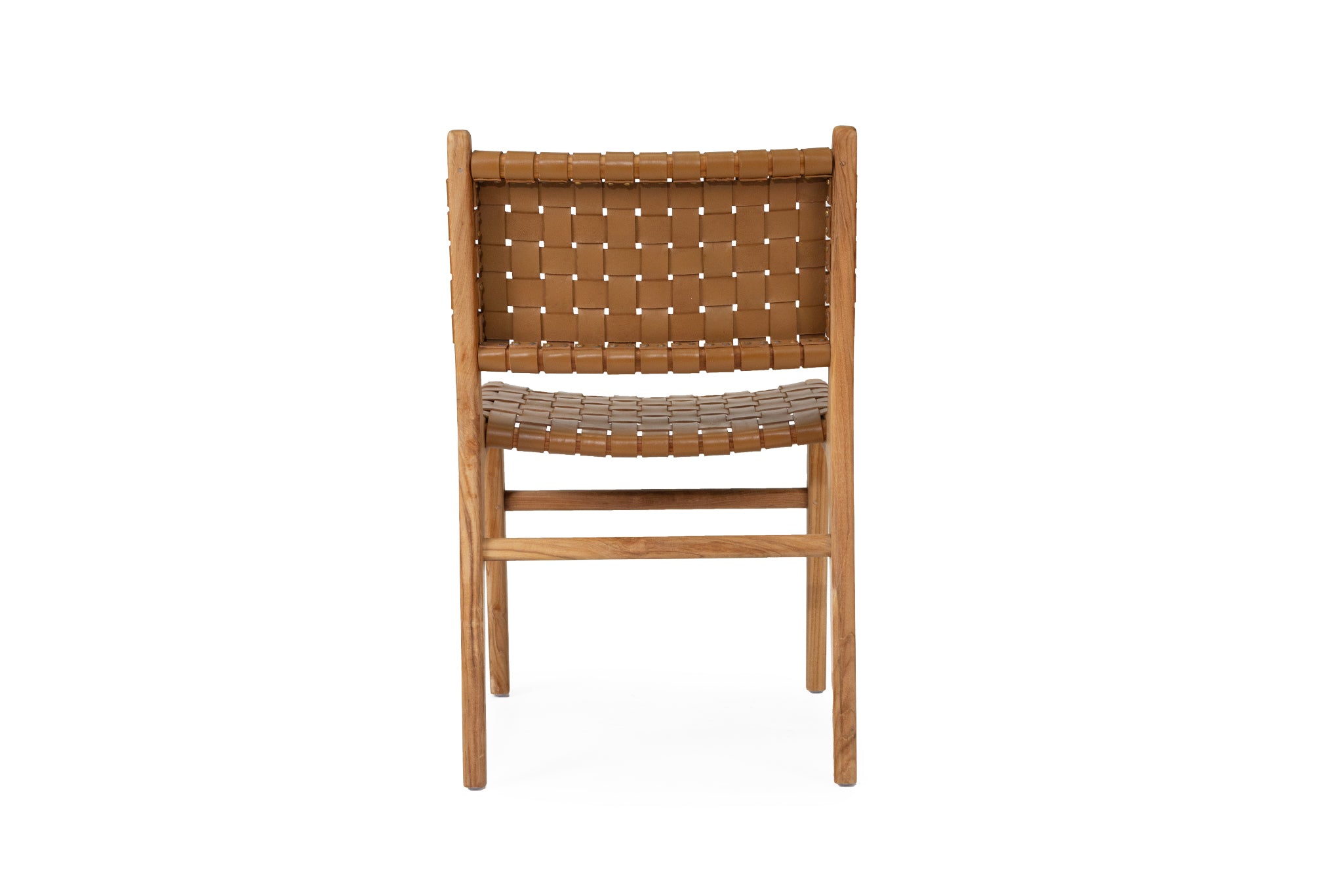 Dining chair with woven leather straps and sleek modern design, crafted for style and comfort. Back perspective. Magnolia Lane