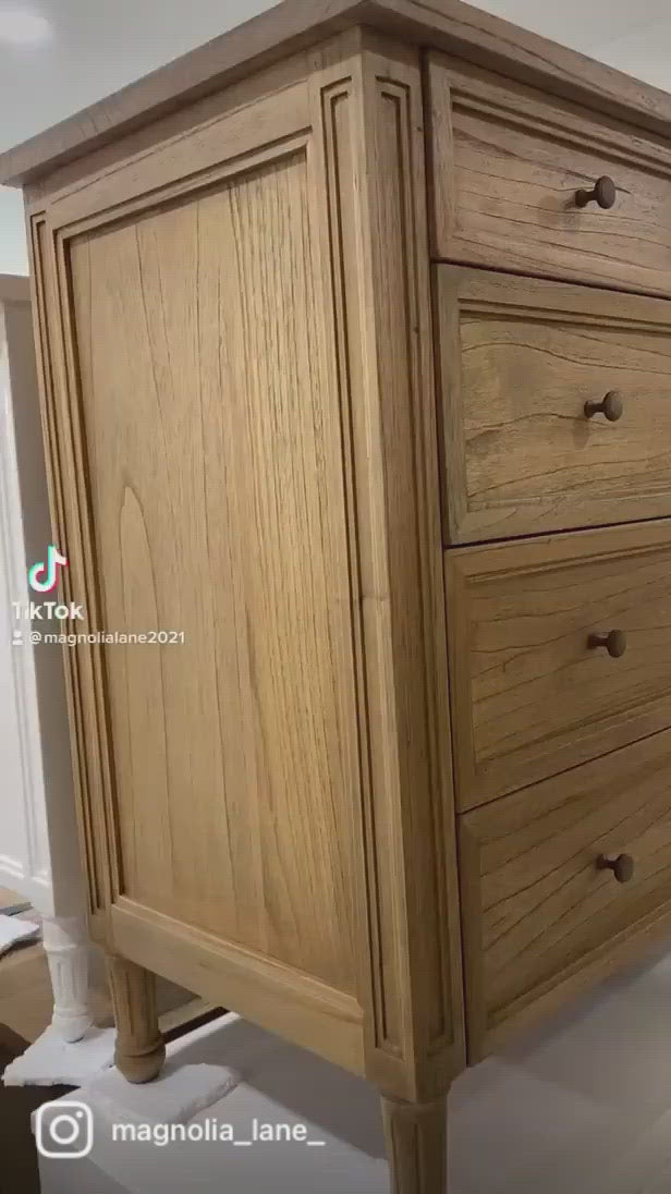 Whitsunday 5 drawer dresser in white cedar shown in a TikTok video demonstrating storage