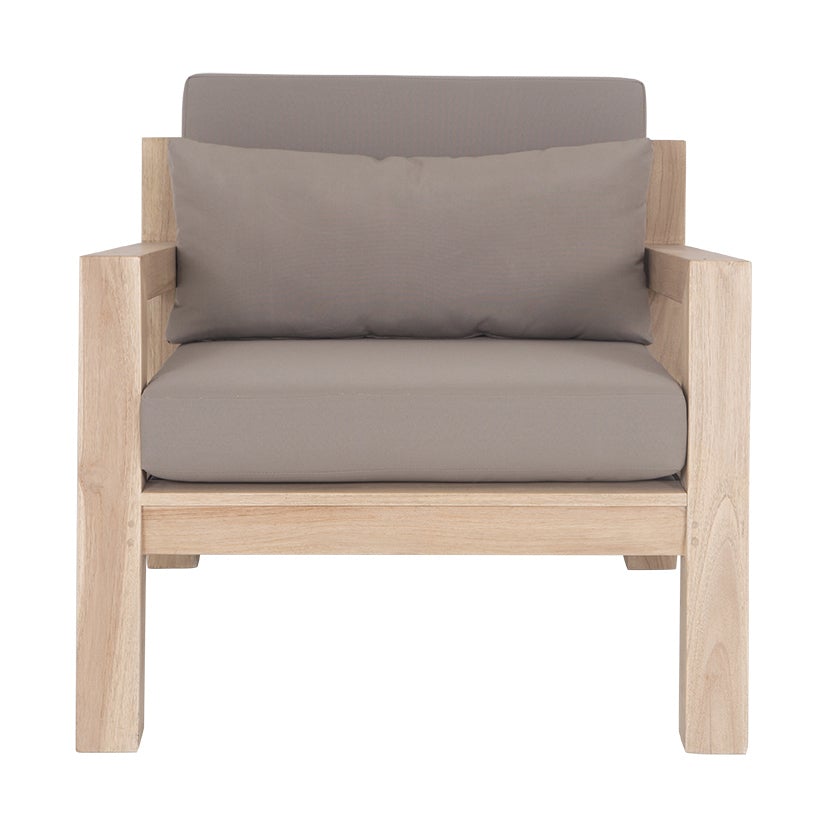 Harper one seater outdoor sofa in taupe Olefin fabric with reclaimed aged teak frame by Uniqwa Collections - front