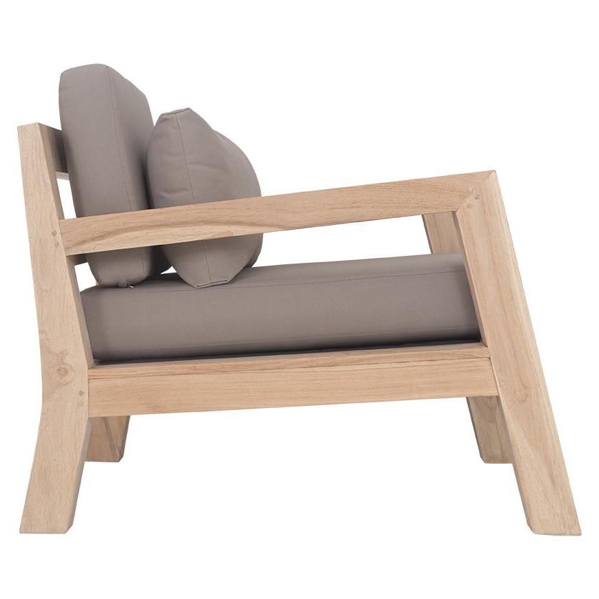 Harper one seater outdoor sofa in taupe Olefin fabric with reclaimed aged teak frame by Uniqwa Collections - side