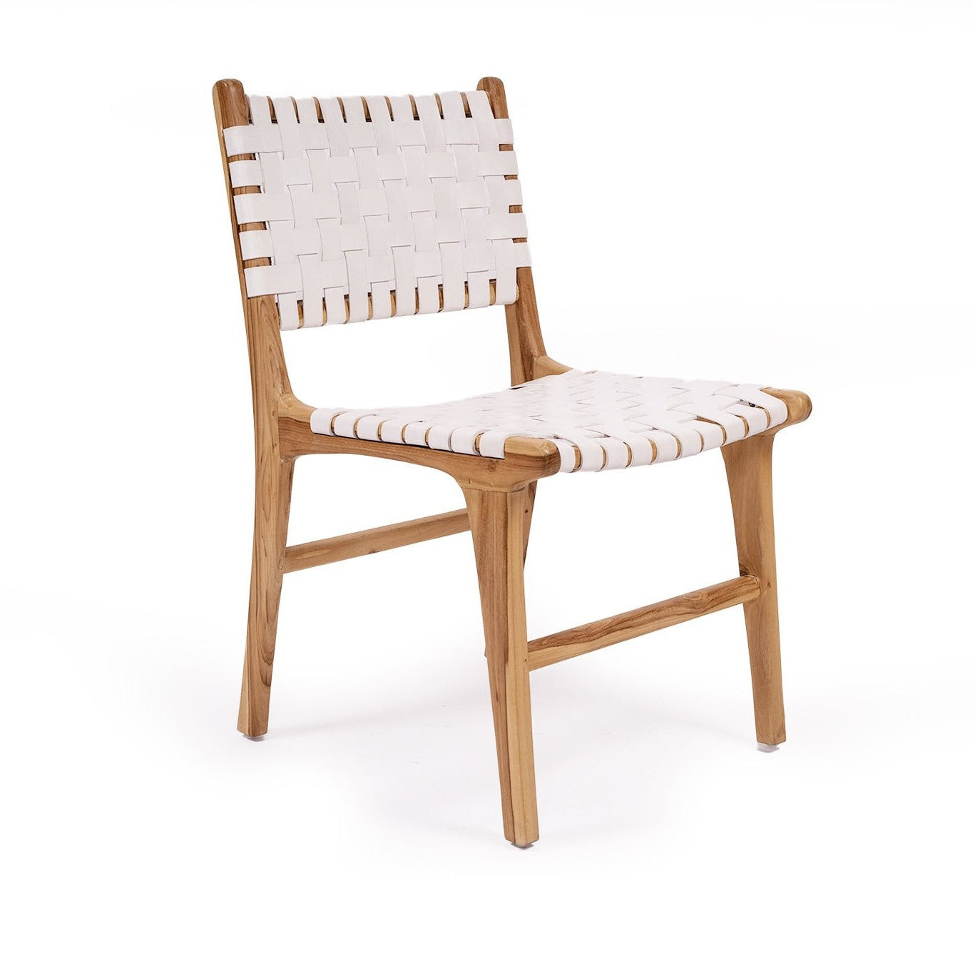 Dining chair with white woven leather straps and sleek modern design, crafted for style and comfort. Magnolia Lane 1