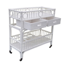 Load image into Gallery viewer, Palm Springs Bamboo and Rattan Bar Cart in white with wheels, Magnolia Lane coastal furniture 1