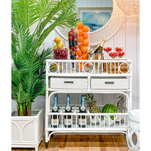 Load image into Gallery viewer, Palm Springs Bamboo and Rattan Bar Cart in white with wheels, Magnolia Lane coastal furniture 5