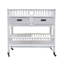Load image into Gallery viewer, Palm Springs Bamboo and Rattan Bar Cart in white with wheels, Magnolia Lane coastal furniture