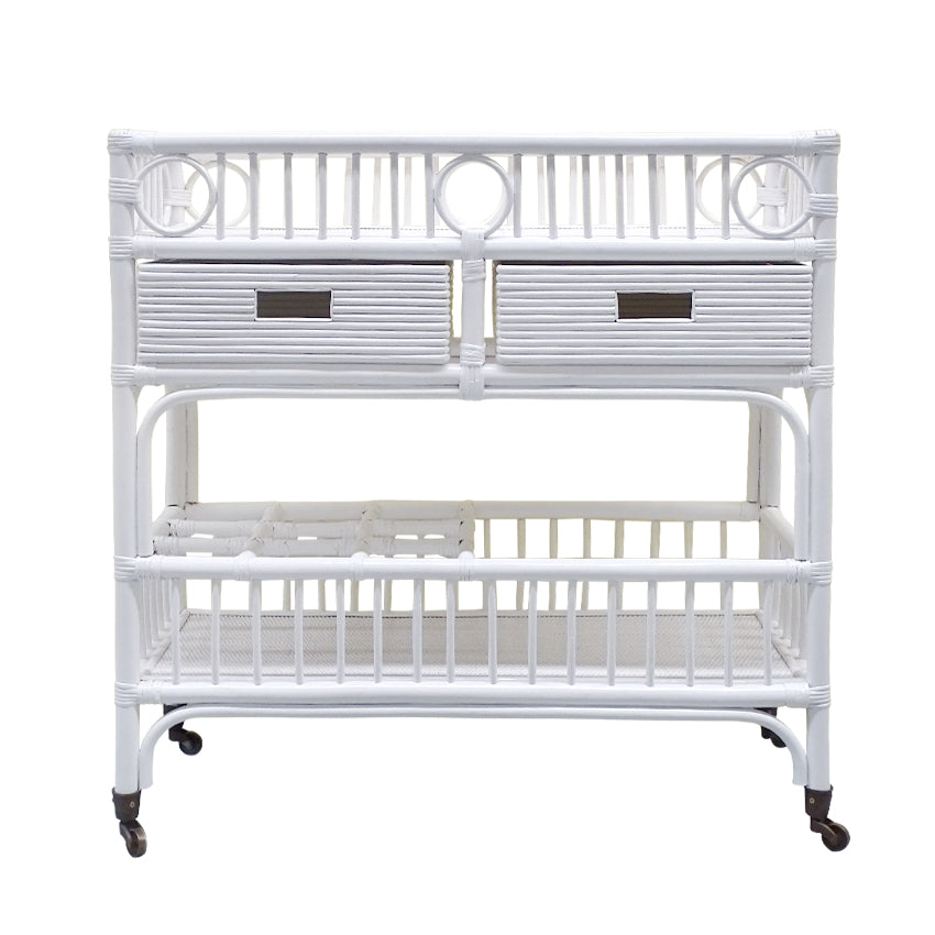 Palm Springs Bamboo and Rattan Bar Cart in white with wheels, Magnolia Lane coastal furniture