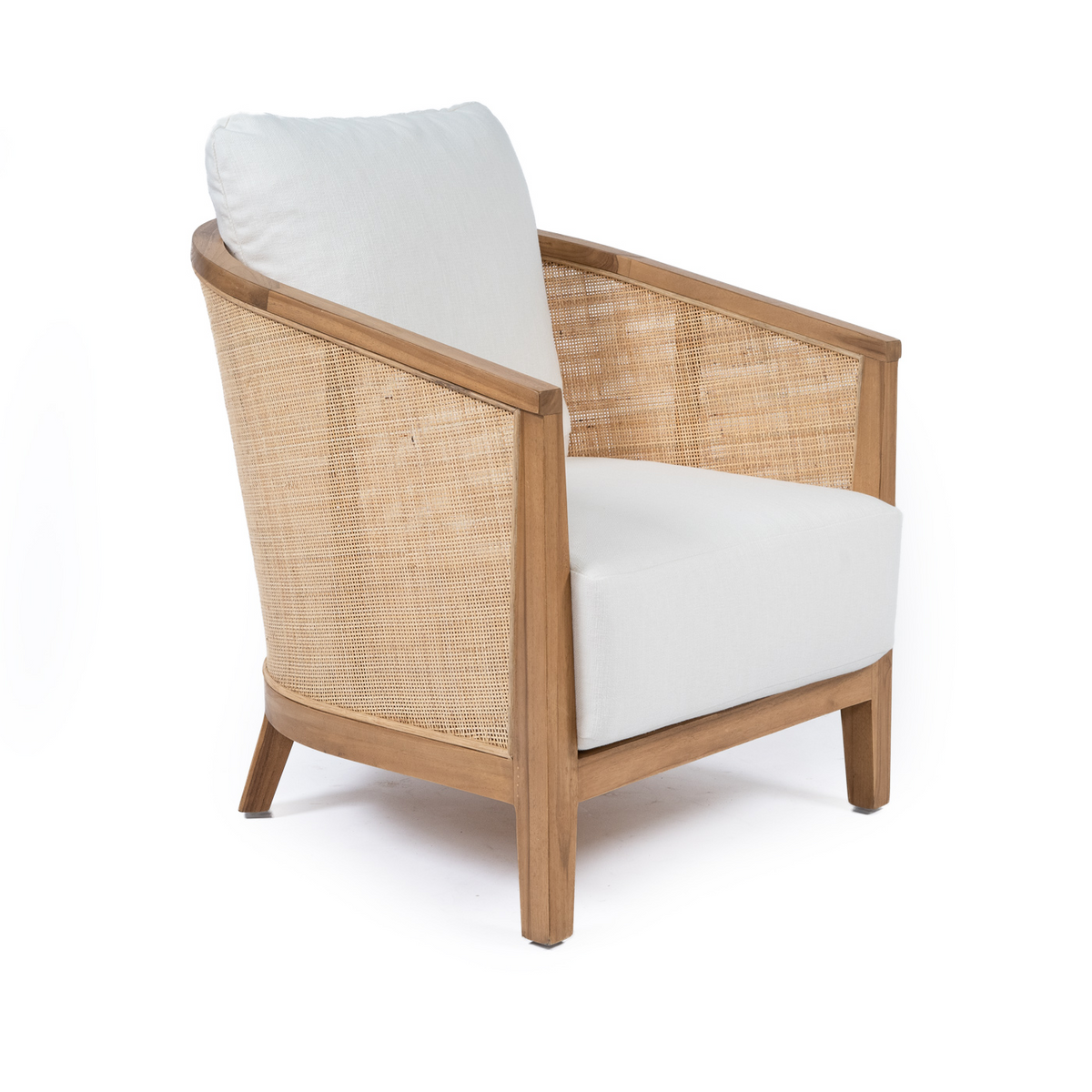 Bay Arm Chair in natural teak and woven rattan with white cushions, front three-quarter view.