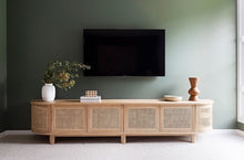 Load image into Gallery viewer, Beautiful Amercian Oak six door entertainment unit with rattan detailed doors and curved ends, Magnolia Lane 1