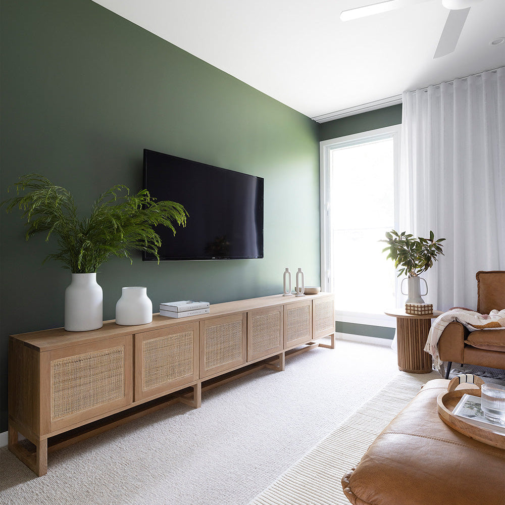 Beautiful Amercian Oak six door entertainment unit with rattan detailed doors, Magnolia Lane