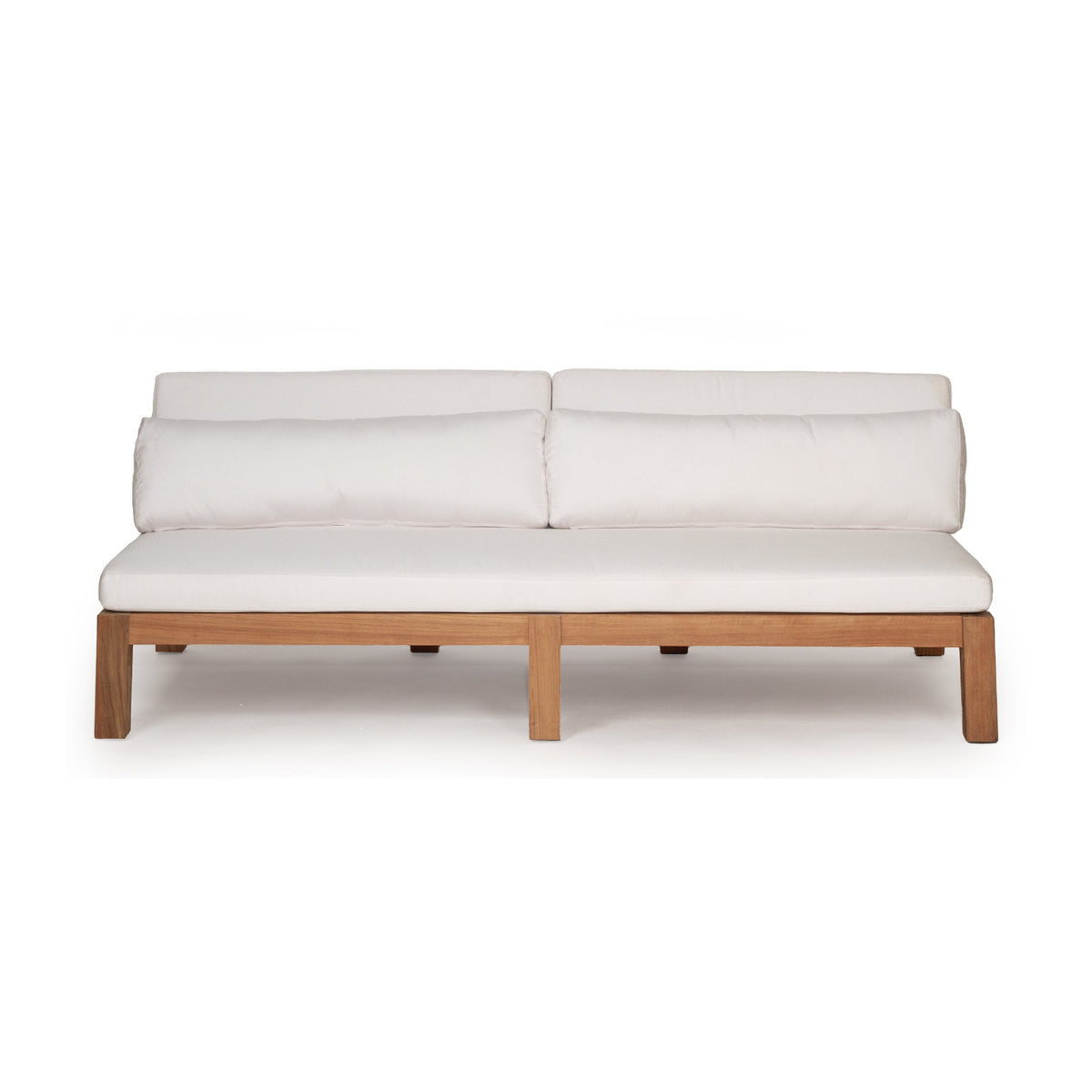 Bedarra teak outdoor three-seater sofa, front view showing the solid teak frame and white cushions