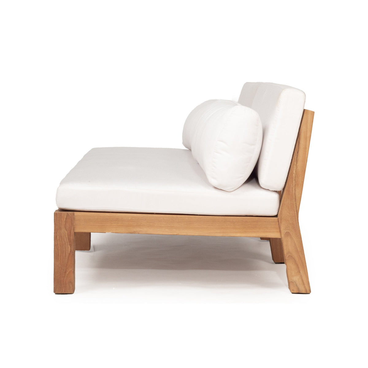 Bedarra teak outdoor three-seater sofa, side view showing the cushion depth and timber backrest