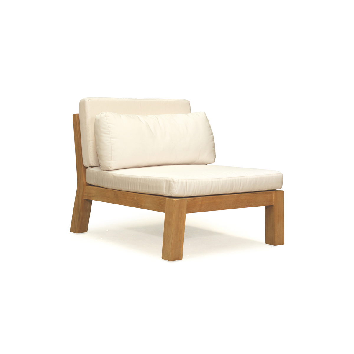 Bedarra teak outdoor armless single seater, hero view showing the armless design, teak frame and white cushions