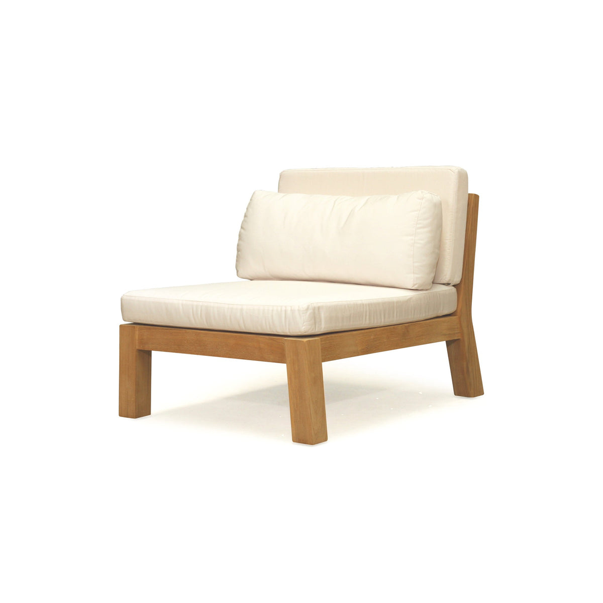 Bedarra teak outdoor armless single seater, angled front view showing the natural teak frame and white Sunbrella cushions