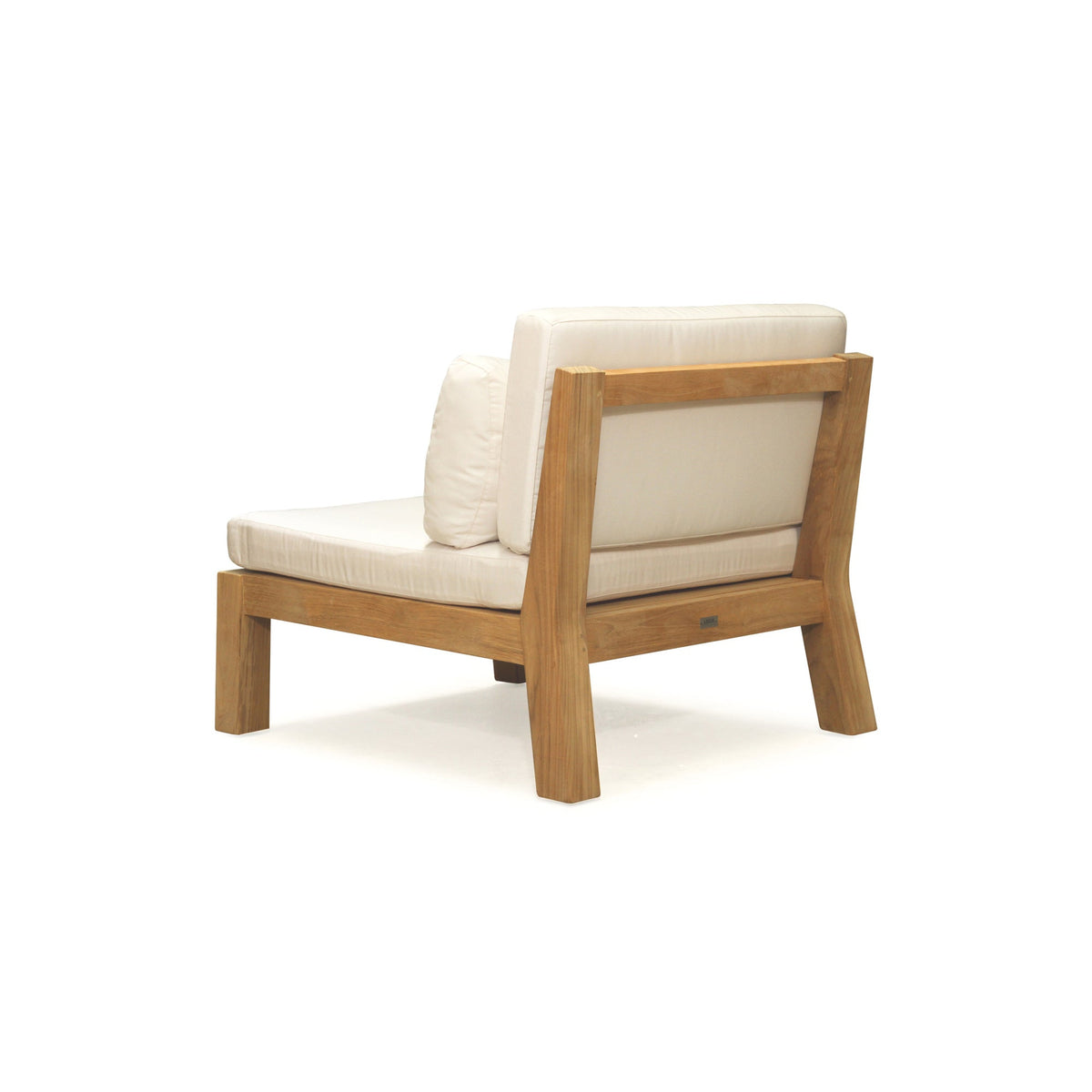 Bedarra teak outdoor armless single seater, rear three-quarter view showing the open teak back frame