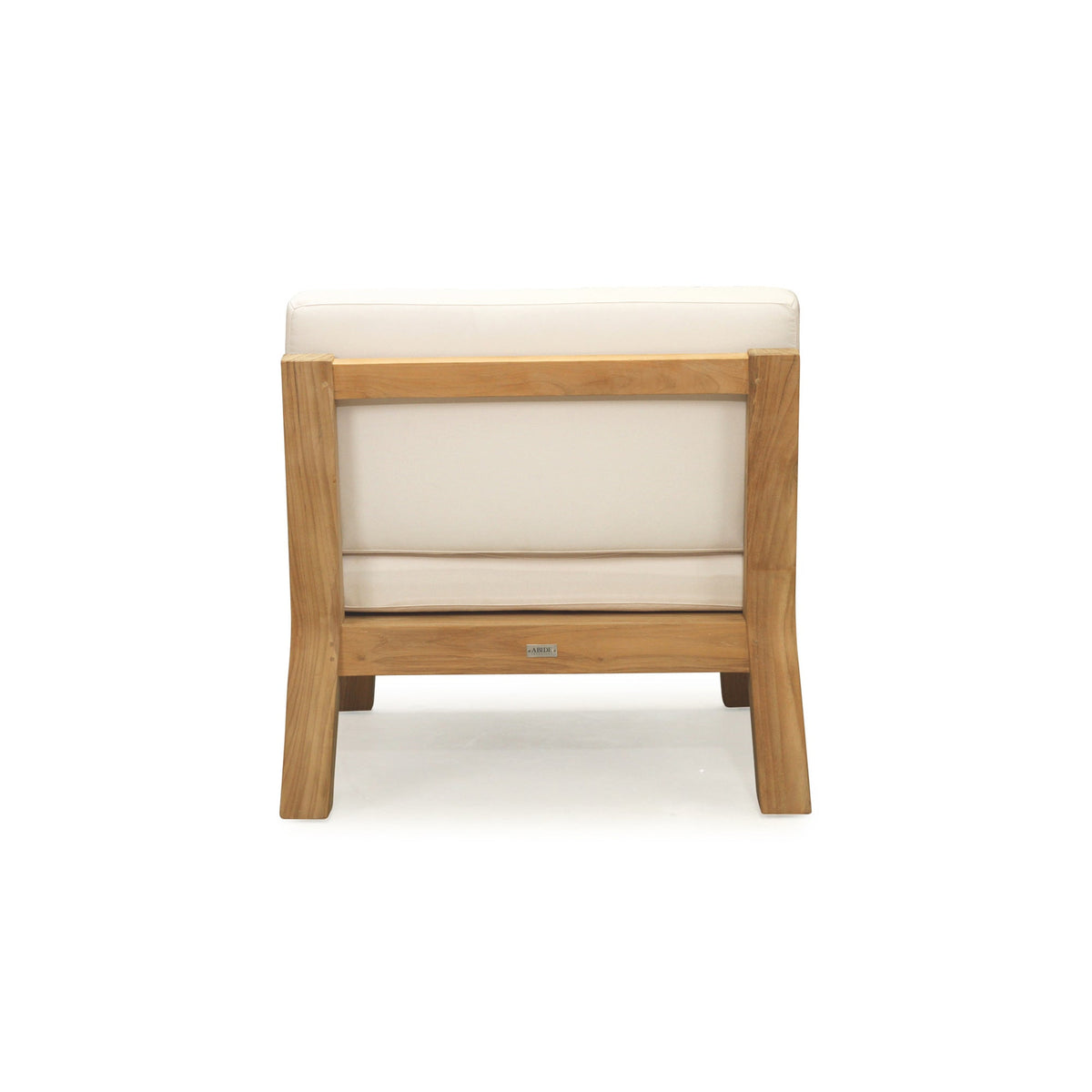 Bedarra teak outdoor armless single seater, rear view showing the teak back frame and supporting legs