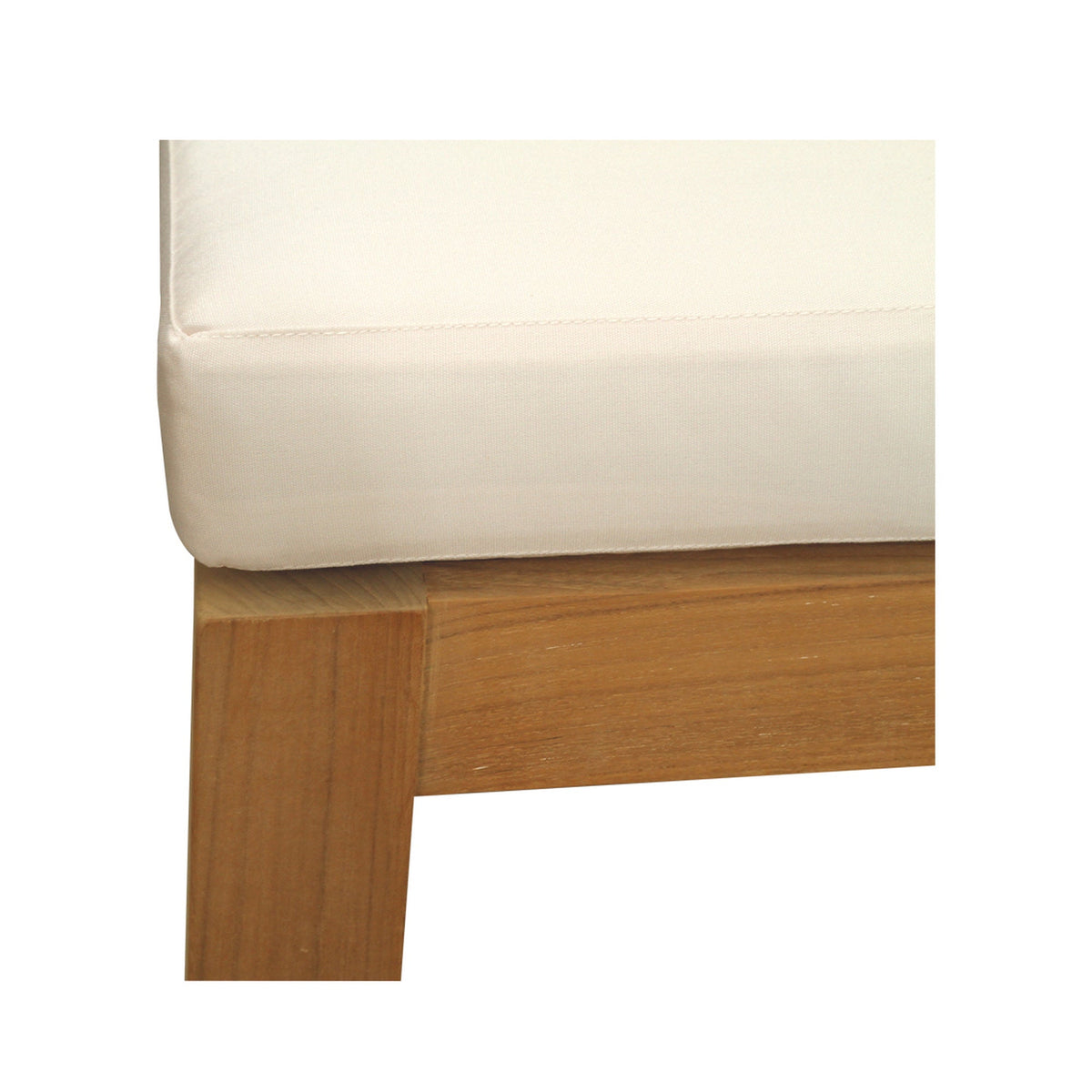 Bedarra teak outdoor armless single seater, close-up of the white seat cushion and teak front rail