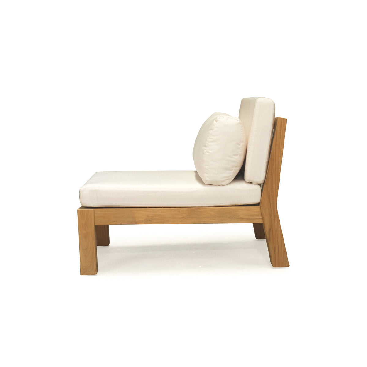 Bedarra teak outdoor armless single seater, side view showing the cushion depth and timber back support