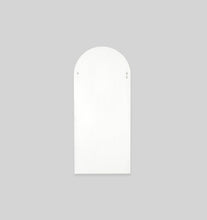 Load image into Gallery viewer, Bjorn Arch Floor Mirror in Bright White – modern arched full-length mirror with brass detail, minimalist design for bedrooms, entryways, or living areas-back view-Magnolia Lane