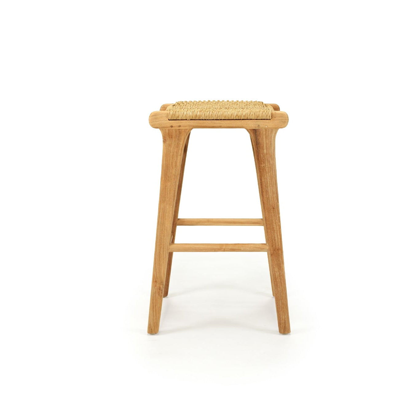 Cable Beach backless outdoor counter stool with teak frame and sand Viro cord seat – side view