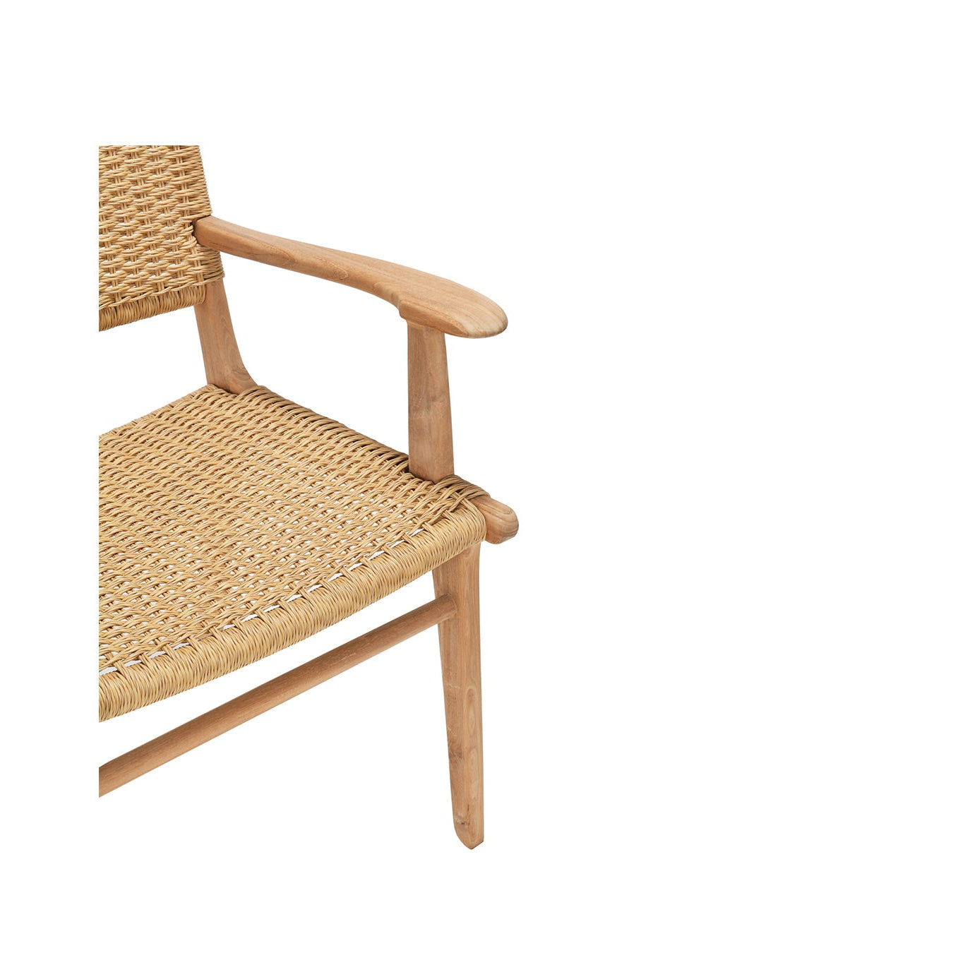 Teak armrest detail on Cable Beach outdoor dining armchair with smooth natural finish
