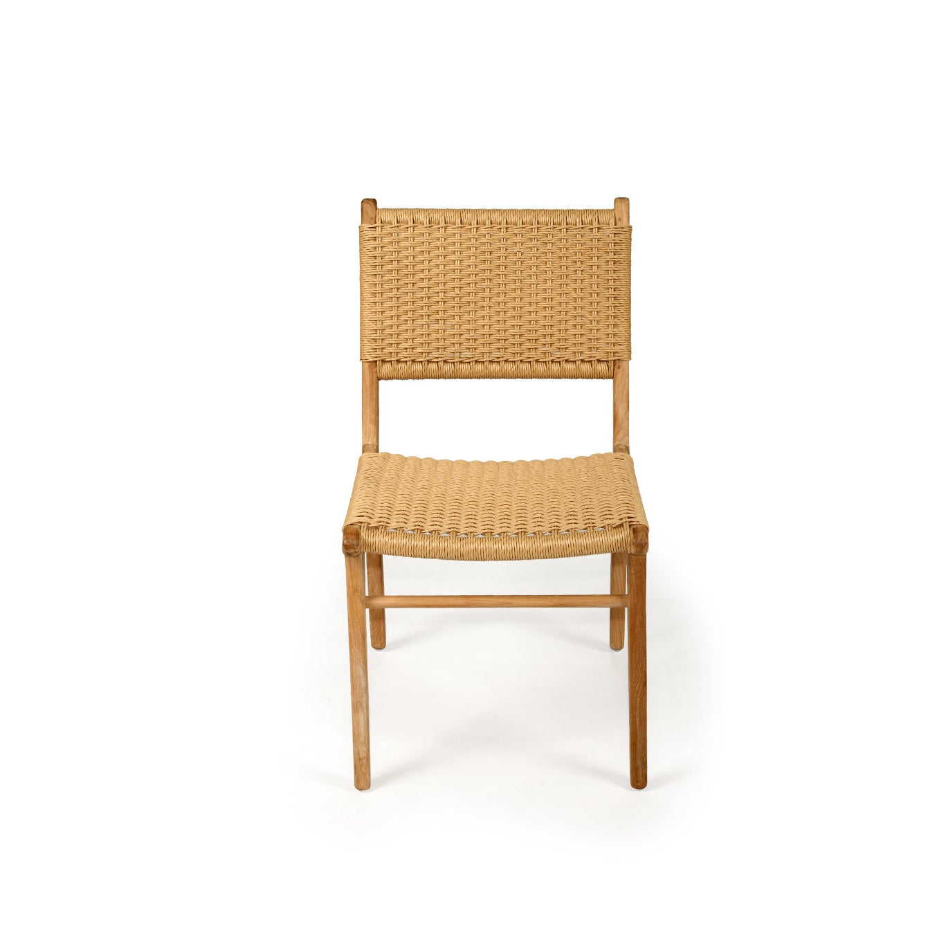 Cable Beach closed weave outdoor dining chair with teak frame and sand Viro cord seat – front tilt view