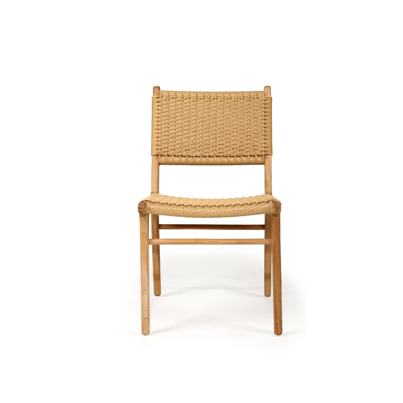 Cable Beach closed weave outdoor dining chair with teak frame and sand Viro cord seat – front view
