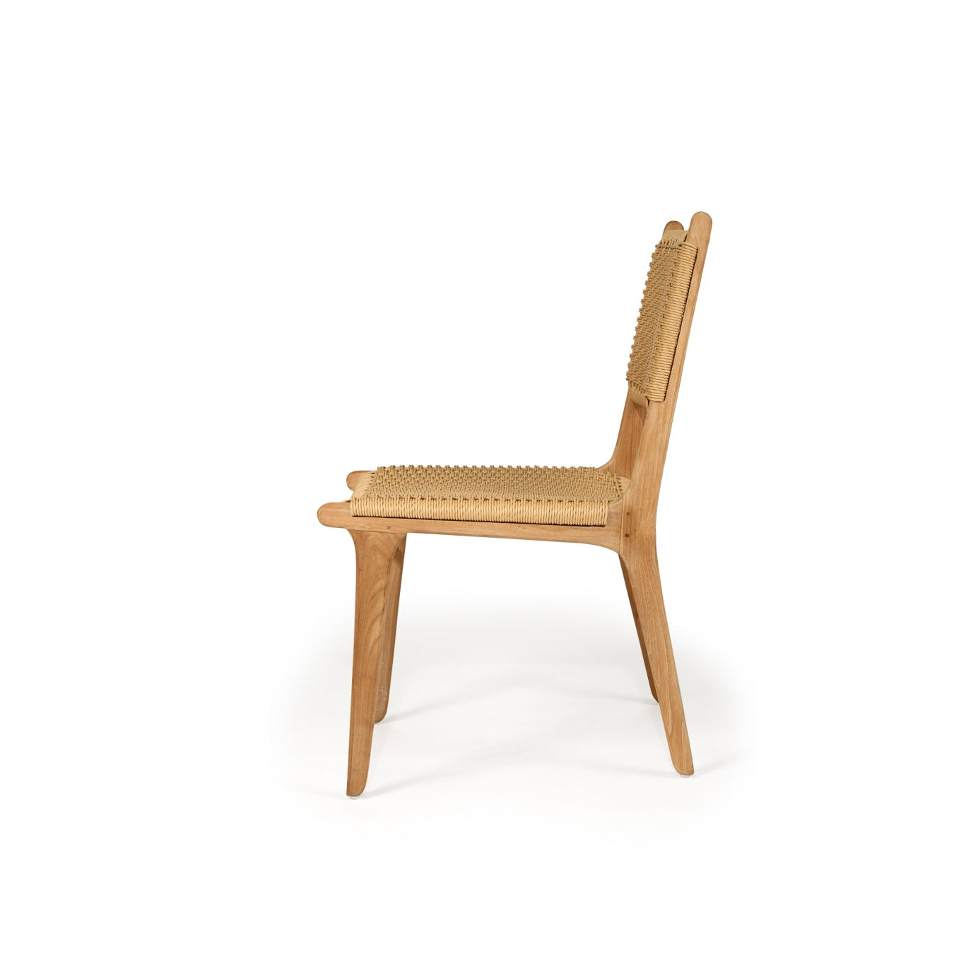 Closed weave teak outdoor dining chair in sand finish – side profile highlighting proportions and structure